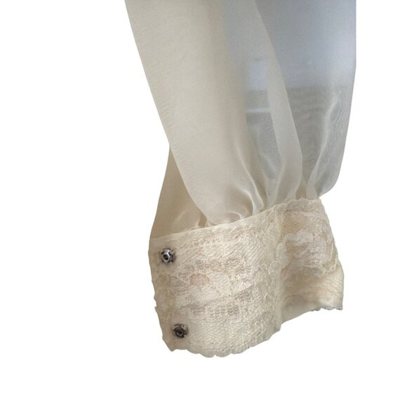 Vintage Ivory Sheer Long Sleeve Lace Dress High Neck Buttoned Cuffs Handmade - Picture 4 of 5